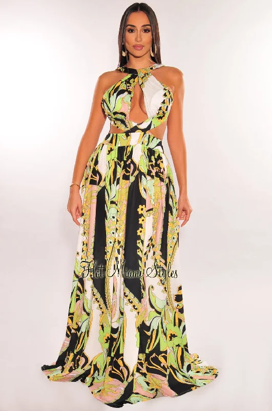 Elegant Clothing For Women Modern Fashion Sale Multi Color Print Halter Padded Cut Out Open Back Maxi Dress