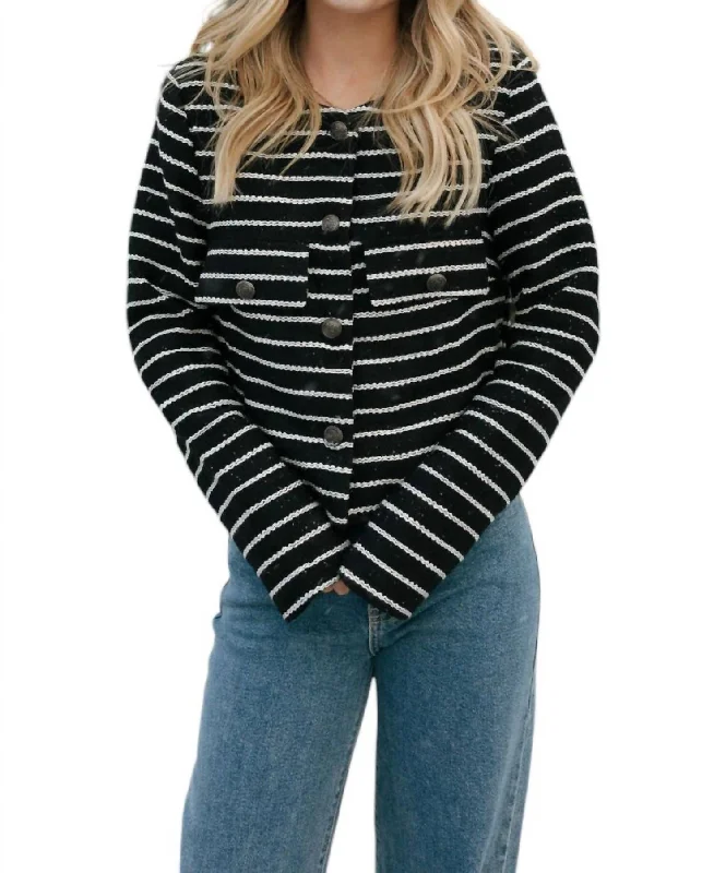 Women's Transitional Clothes Embrace New Fashion Tweed Stripe Cardigan In Black