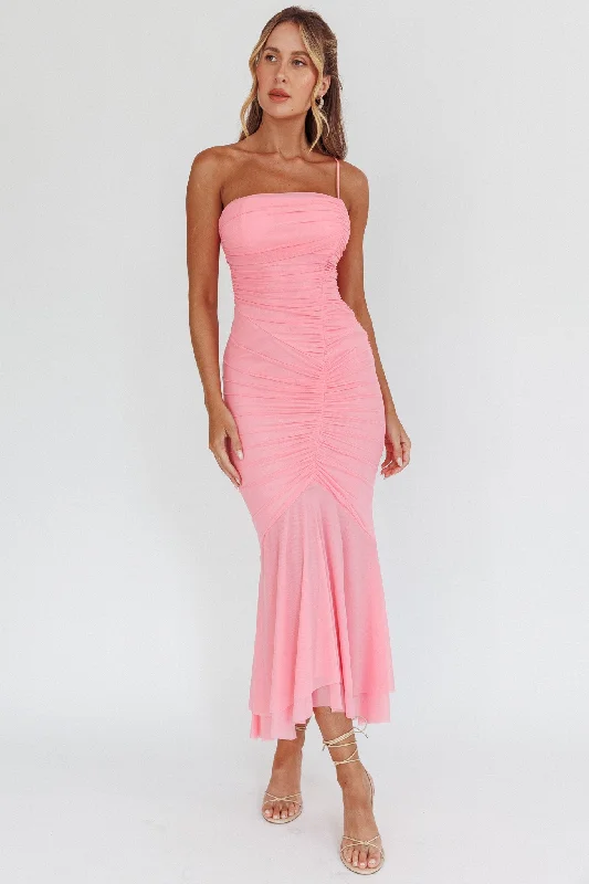 Women's Wedding Apparel Chic And Trendy By Chance One Strap Ruched Maxi Dress Pink