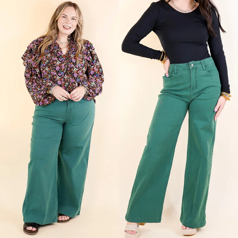 Comfortable Garments For Women Modern Chic Discounts The Best Cropped Wide Leg Jeans in Hunter Green