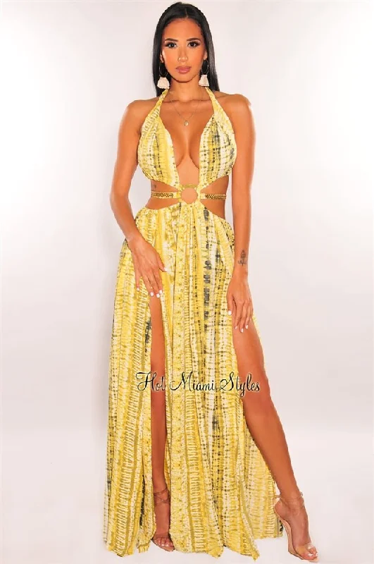 Women's Athletic Clothes Enjoy Discount Yellow Tie Dye O-Ring Cut Out Gold Belted Double Slit Maxi Dress