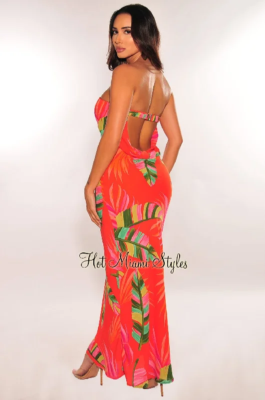 Chic Women's Attire Fresh Fashion Discounts Red Tropical Palm Print Strapless Cut Out Back Maxi Dress