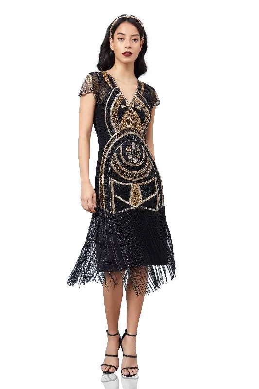 Women's Holiday Attire Latest Fashion Mary Art Deco Fringe Dress in Black Gold