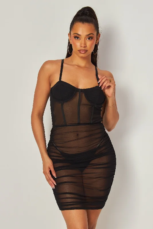 Women's Trendy Apparel Edgy Fashion Deals Melody Sheer Mesh Shirred Mini Bodycon Dress