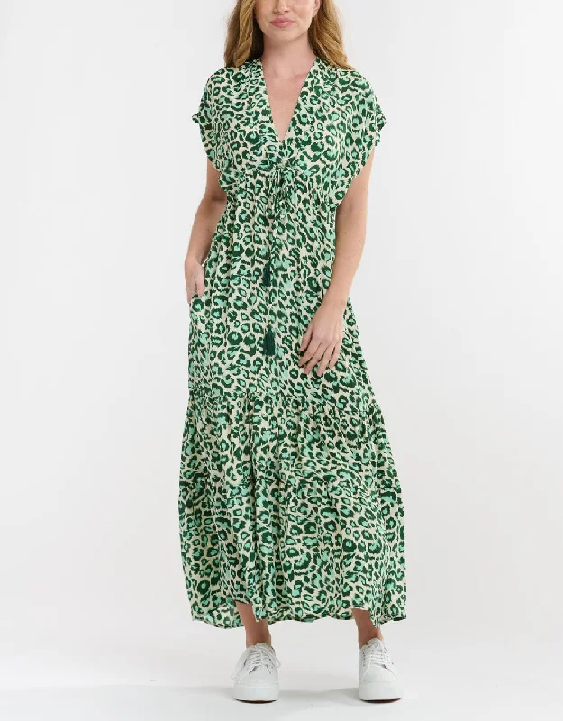 Women's Resort Garments Latest Fashion Patchwork Midi Dress - Green Leopard