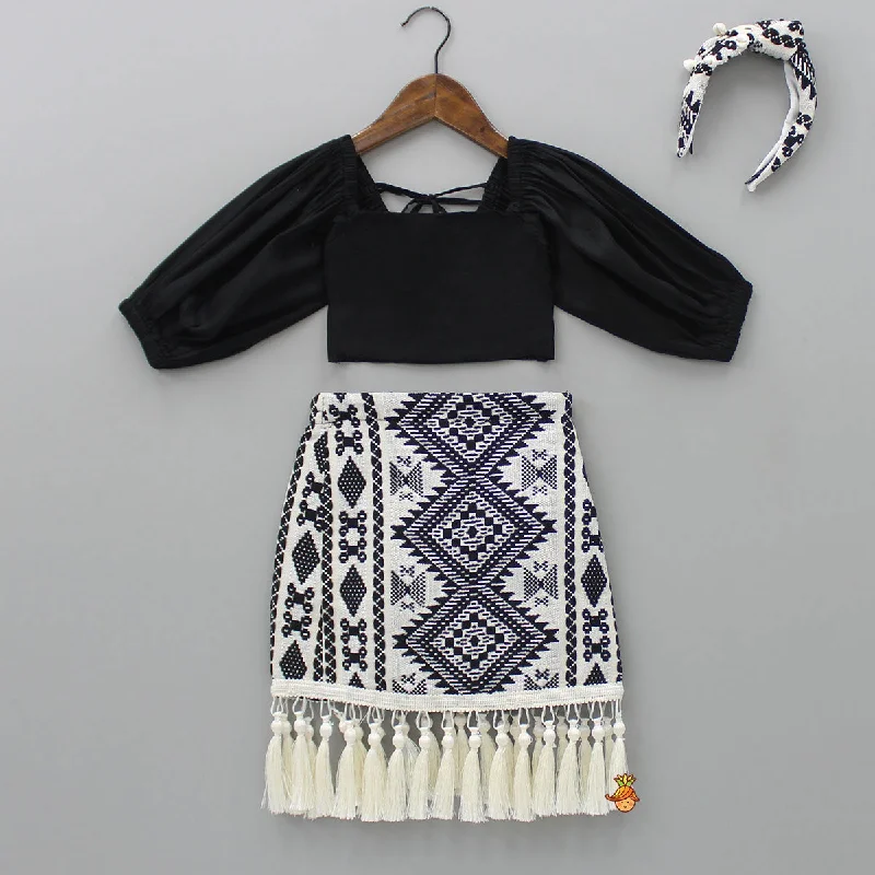 Casual Apparel For Women Stay Ahead In Style Smocked Back Stylish Sleeves Black Top And Fringes Skirt With Knot Detail Hair Band