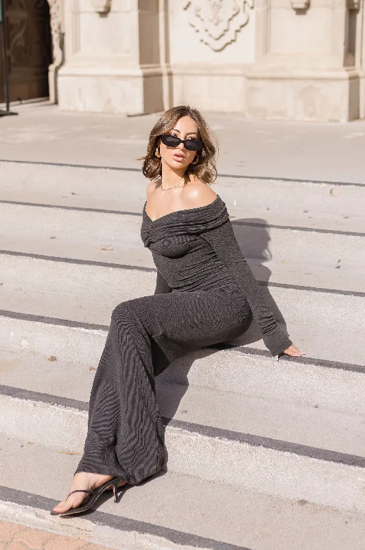 Modern Women's Outfit Popular Collection Roxanne Off The Shoulder Long Sleeve Ribbed Maxi Dress Charcoal