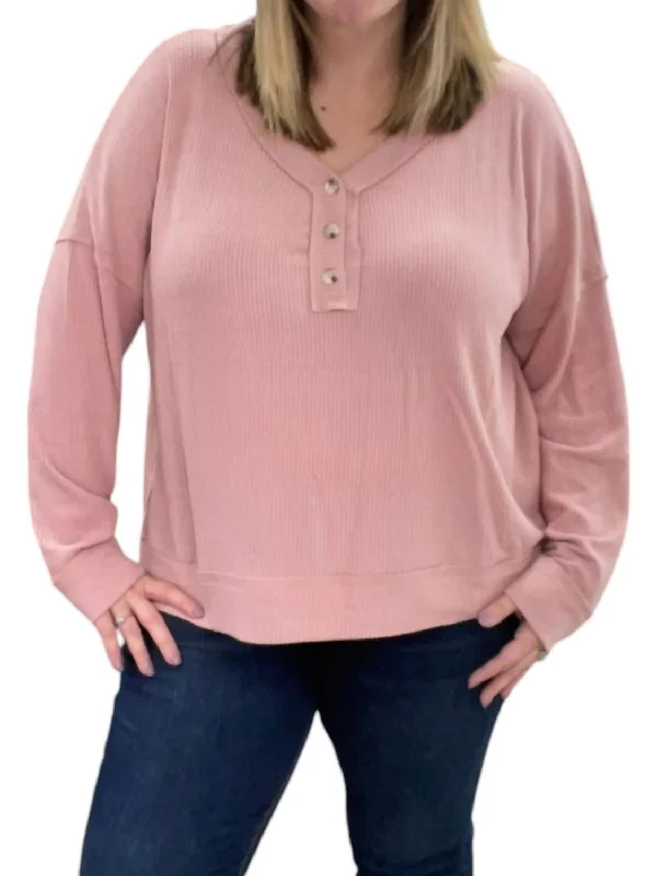 Women's Travel Attire Glamorous Fashion Offers Ribbed Henley Sweater In Blush