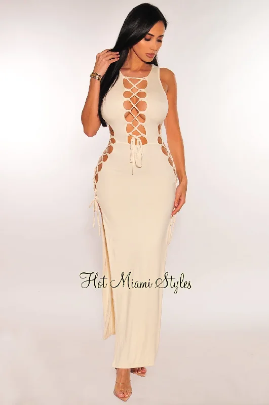 Fashion-Forward Women's Clothing Trendy Looks On Sale Cream Sleeveless Lace Up Sides Double Slit Maxi Dress