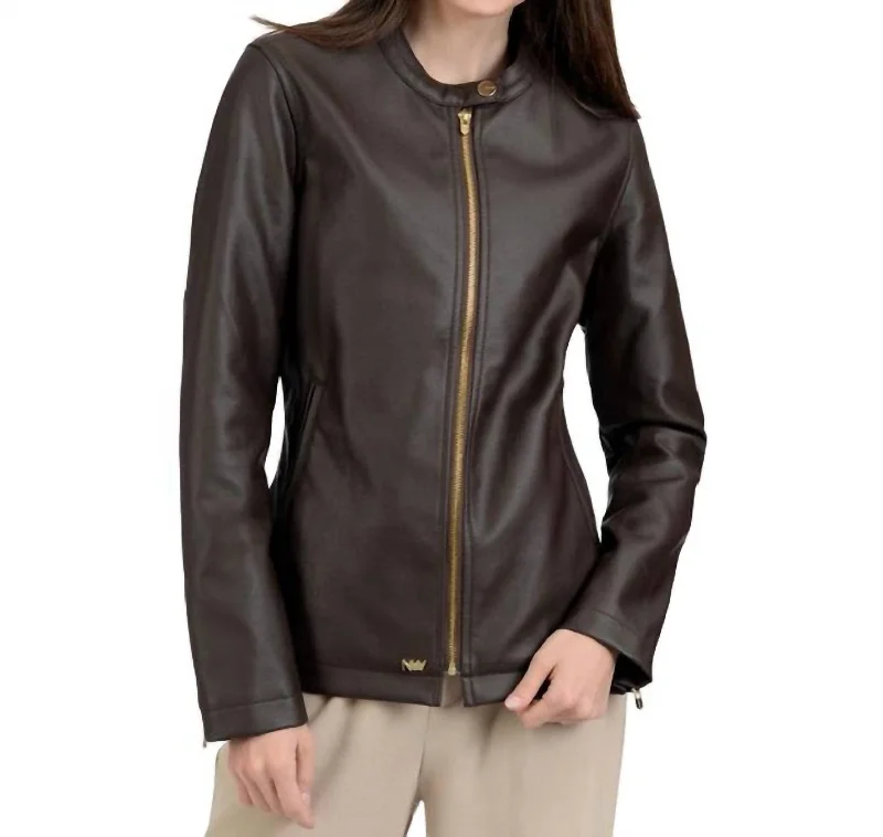 Women's Classic Outfit Café Faux-Leather Racer Jacket In Brown