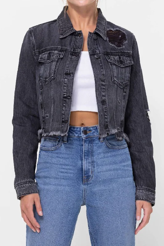 Women's Date Night Outfit Katrina Destroyed Fitted Denim Jacket In Black Acid