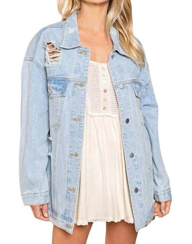 Women's Clothing For Travel Je T'aime Mon Amour Distressed Denim Jacket In Denim Multi