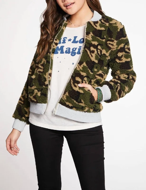 Women's Evening Garments Faux Fur Bomber Jacket In Camo