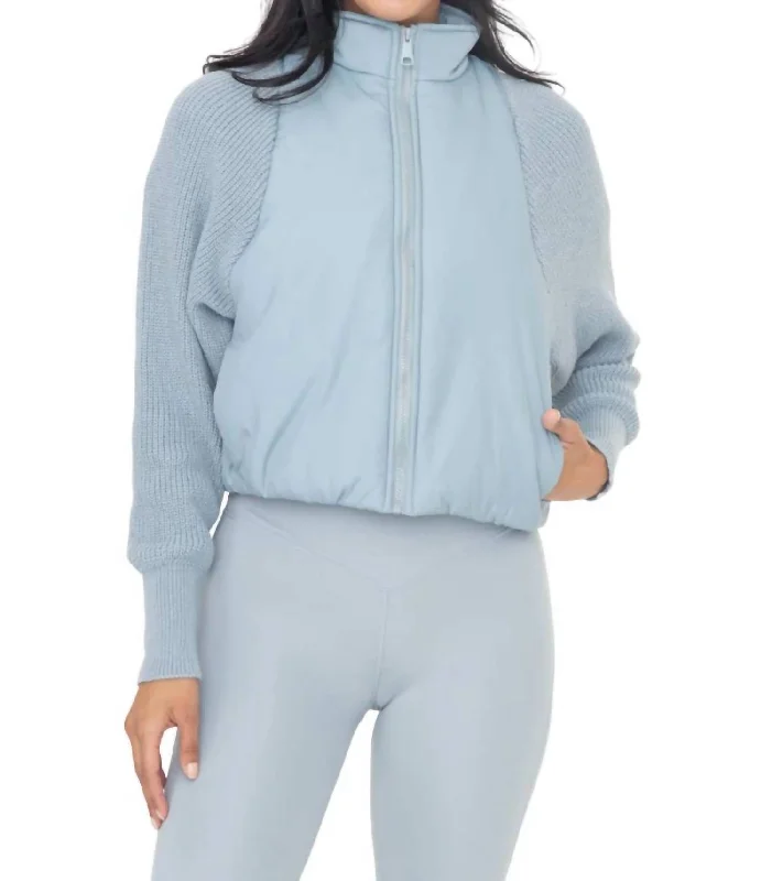 Women's Athletic Outfit Nylon-Trim Padded Hybrid Zip Jacket In Smokey Blue