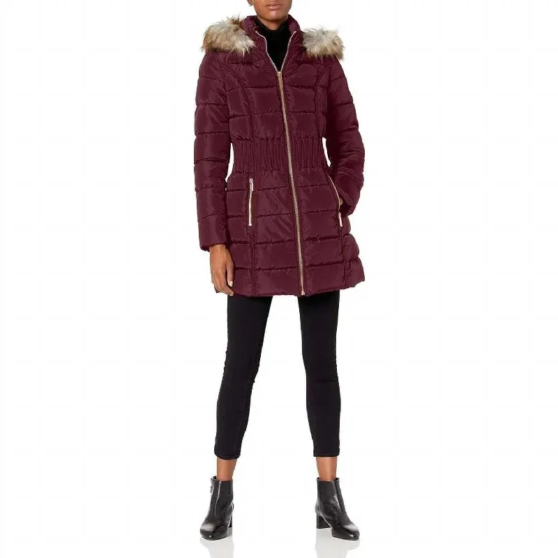 Stylish Women's Garments For Holidays 3/4 Puffer Zig Zag Cinched Waist Faux Fur Trim Hood Jacket In Port Royal