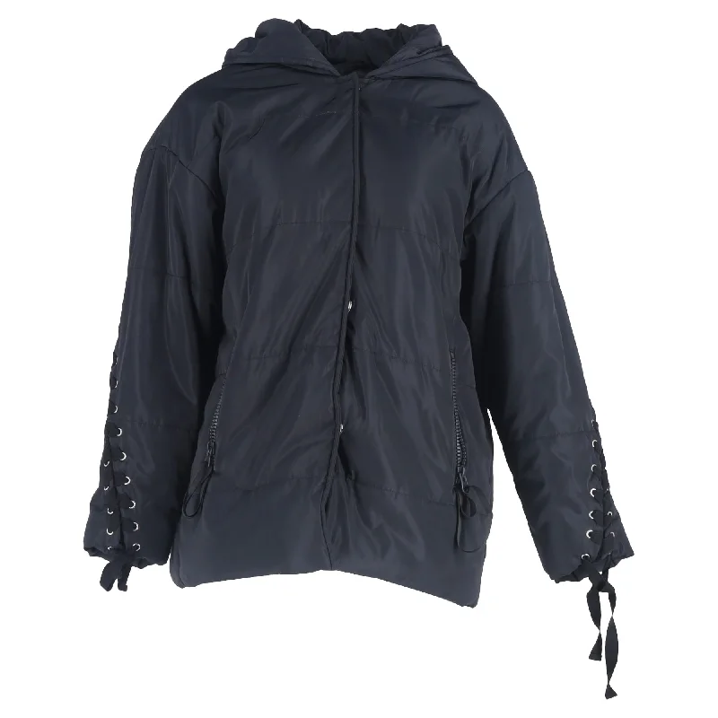 Limited-Stock Clothing Sale – Shop Before It's Too Late Maje Quilted Braided Lace Detail Hooded Jacket in Navy Blue Polyester