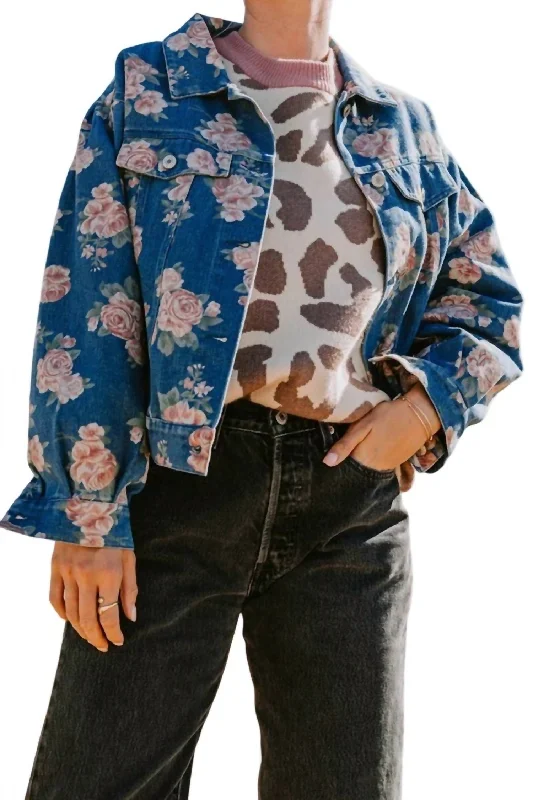 Women's Activewear Outfit Floral Print Washed Denim Jacket In Blue