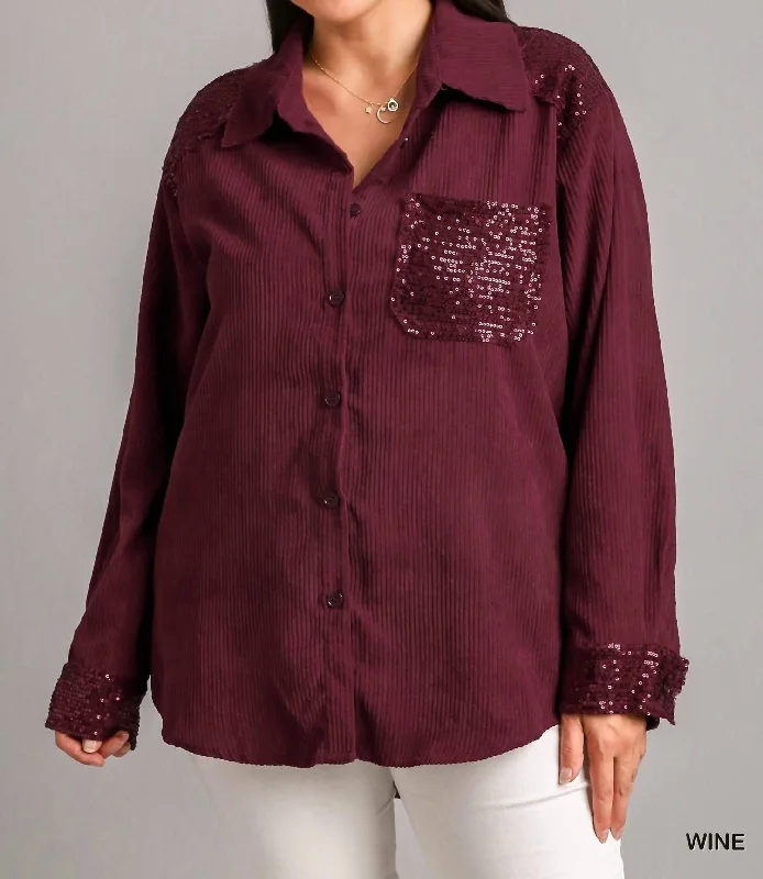 Women's Outdoor Activity Garments Corduroy Jacket With Sequin Details In Wine