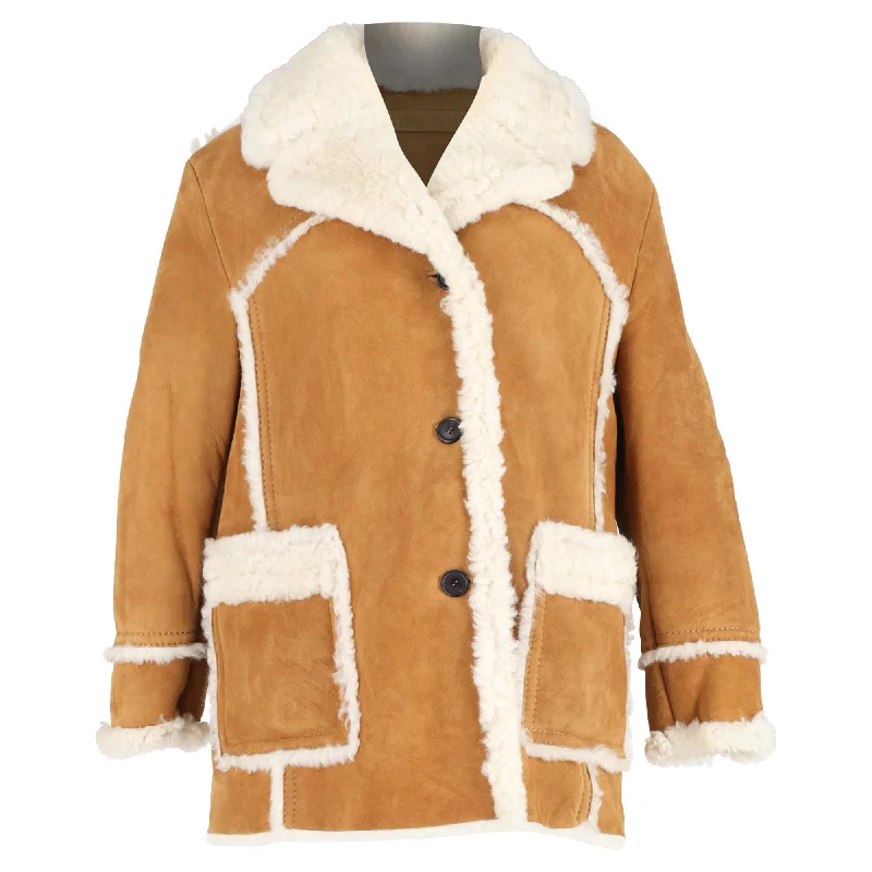 Vintage-Inspired Women's Apparel Miu Miu Shearling Single-Breasted Jacket with Pockets in Brown Suede