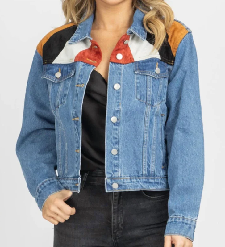 Women's Cozy Outfit For Lounging Suede Patch Relaxed Denim Jacket In Blue