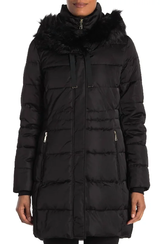 Women's Functional Outdoor Garments Stefani Faux Fur Hood Down Fill Fitted Puffer Coat In Black