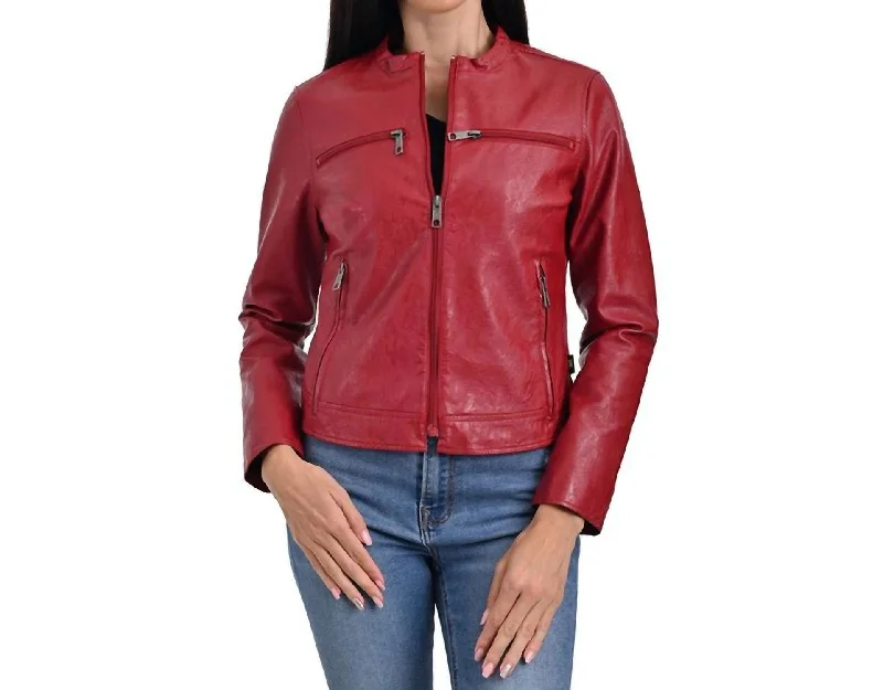 Women's Apparel Synthetic Leather Racer Jacket In Red