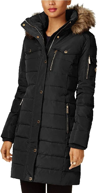 Women's Trendy Apparel Michael Kors Faux Fur Trim Down Puffer Coat-Black