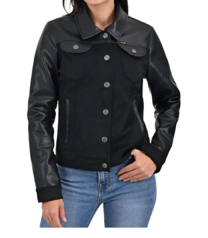 Women's High-Fashion Garments Faux Leather Trucker Jacket In Black