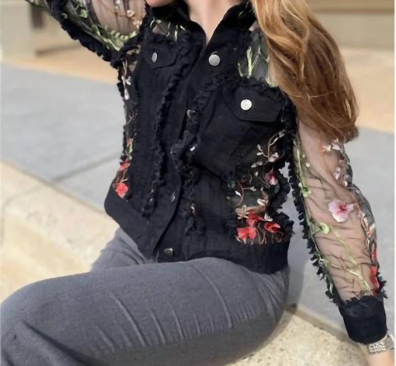 Chic Women's Outfit Floral Mesh Embroidered Jacket - Z11225 In Black/multi