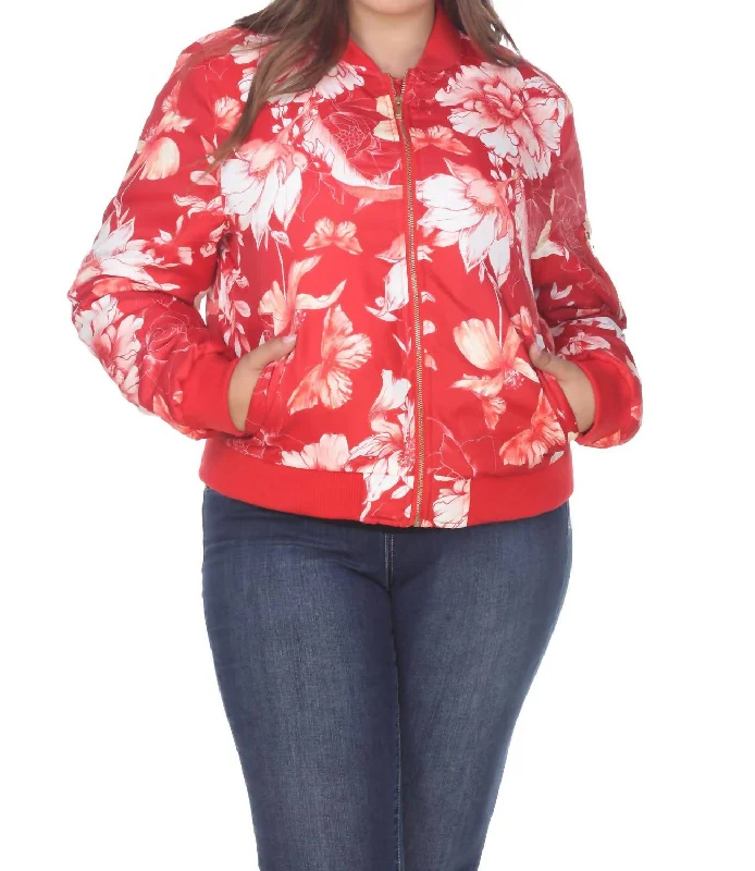 Modern Women's Apparel Floral Bomber Jacket - Plus Size In Red