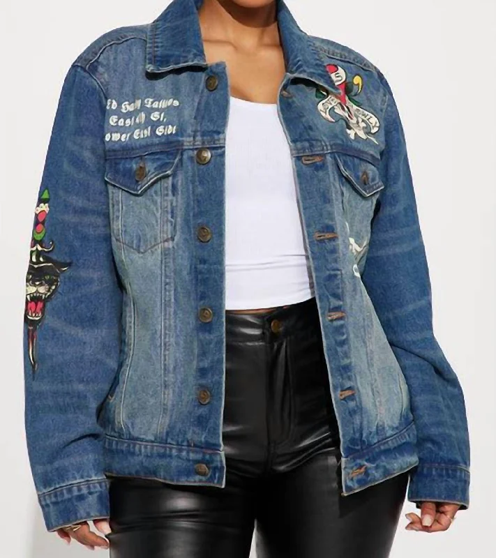 Women's Travel Apparel Flame Skull Denim Jacket In Medium Tint