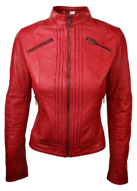 Modern Women's Outfit Leather Biker Slim Fit Jacket With Nehru Collar