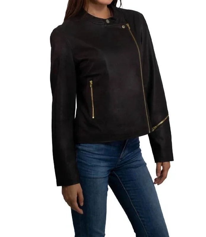 Women's Vintage-Inspired Outfit Synthetic Leather Biker Jacket In Black