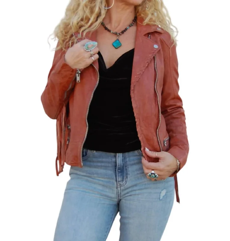 Women's Plus-Size Casual Outfit Zoe Leather Fringe Jacket In Burnt Orange