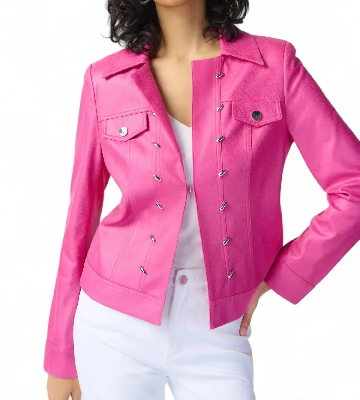 Stylish Fashion Clearance – Last Chance To Save Foiled Suede Jacket With Metal Trims In Bright Pink