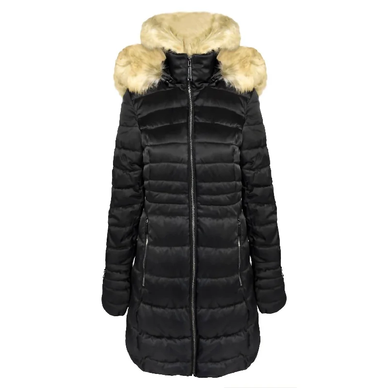 Women's Clothing Apparel Sets Women's Quilted Faux Fur Hood Puffer Jacket Coat In Black