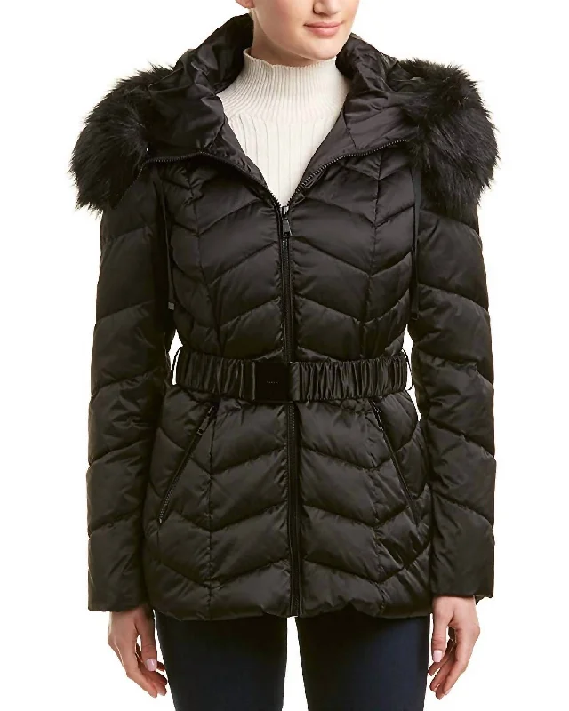 Best-Selling Fashion At Unbeatable Sale Prices Leon Faux Fur Trim Hood Belted Coat Short Jacket In Black