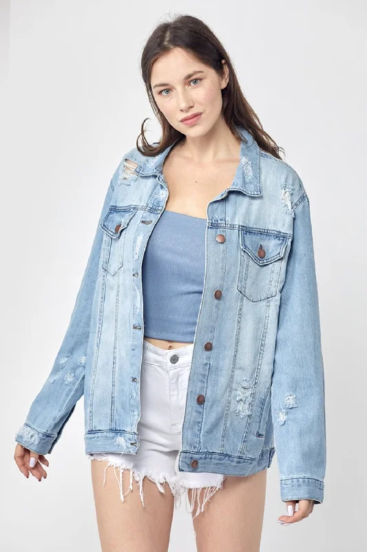 Classic Women's Apparel Full Size Distressed Long Sleeve Denim Jacket