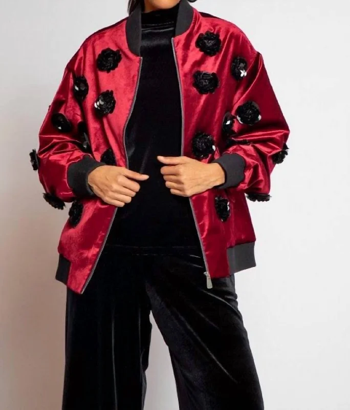 Vintage-Inspired Women's Clothes Velvet Floral Embroidered Bomber Jacket In Burgundy