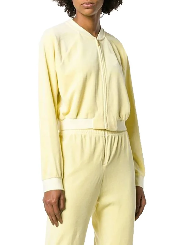 Women's Active Outfit For Fitness Track Velour Crop Jacket In Pastel Yellow