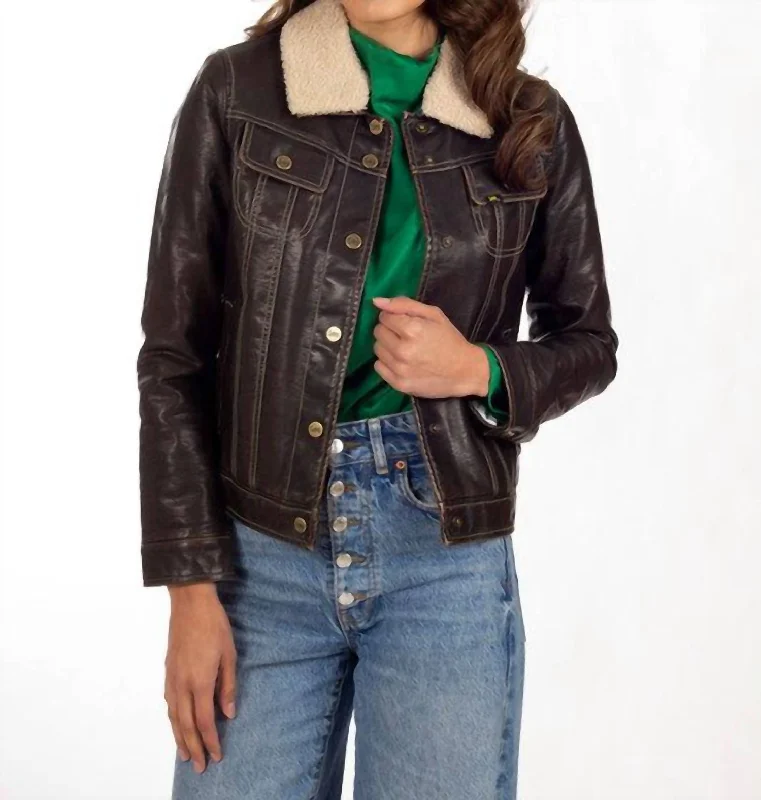 Women's Relaxed Outfit Sherpa-Lined Faux-Leather Jacket In Brown