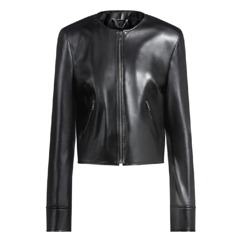 Formal Clothing For Women Collarless leather jacket with zip closure