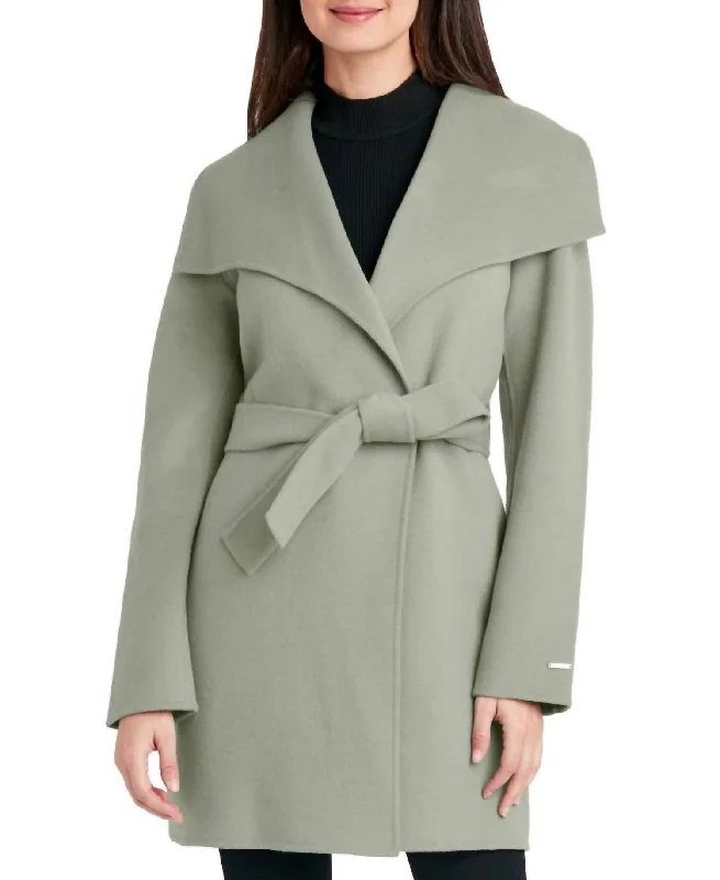 Chic And Affordable Fashion – Shop Now And Save Women Tie Belt Wing Collar Wool Wrap Coat In Sage