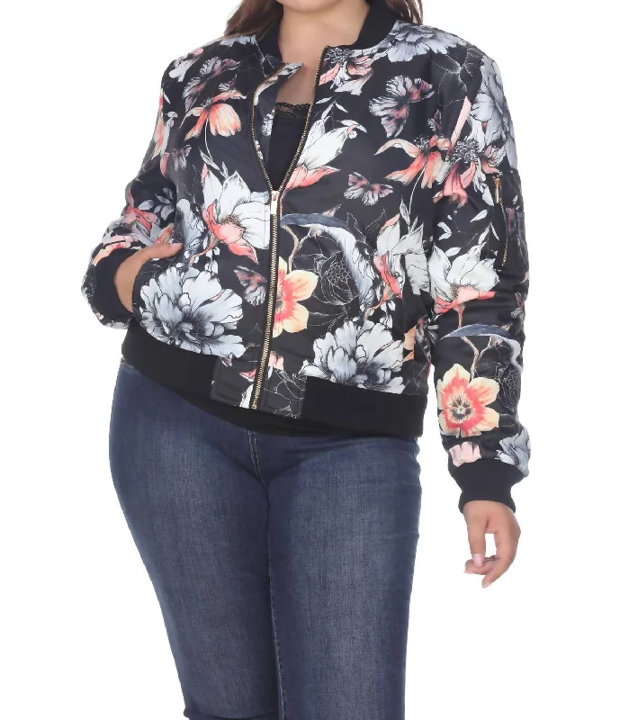 Women's Clothes And Apparel Sets Floral Bomber Jacket - Plus Size In Black