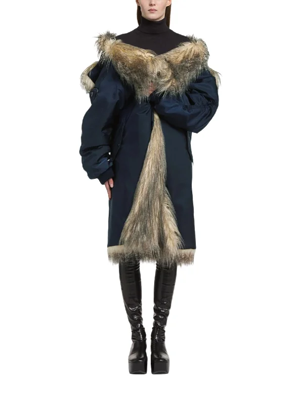 Affordable Luxury Women's Apparel Re-Nylon Faux Fur-Trimmed Coat In Navy