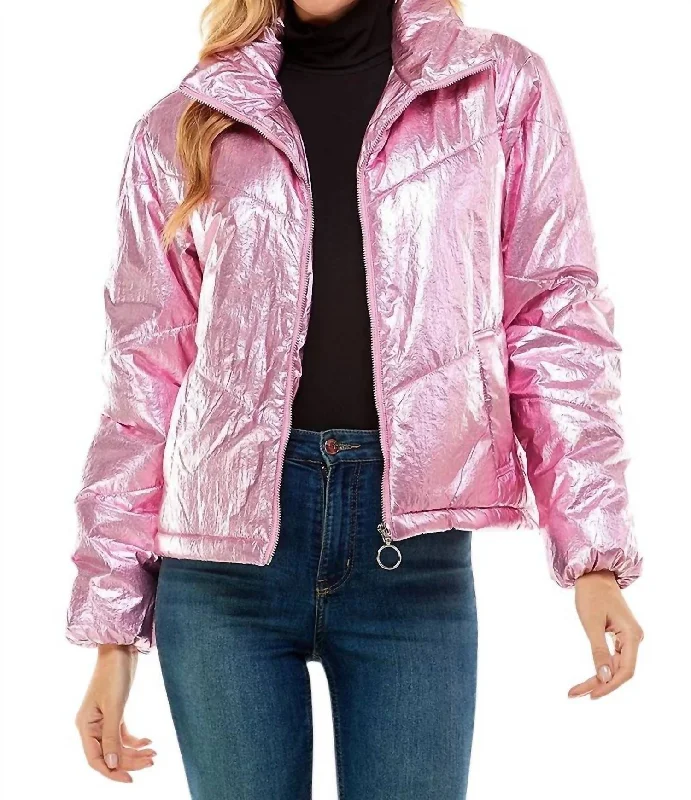 Women's Elegant Evening Outfit Angelika Metallic Puff Jacket In Pink