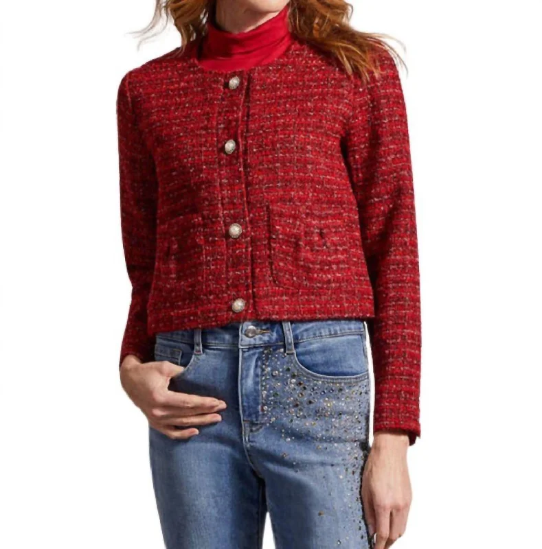 Stylish Women's Outfit Cropped Tweed Jacket In Red Tweed