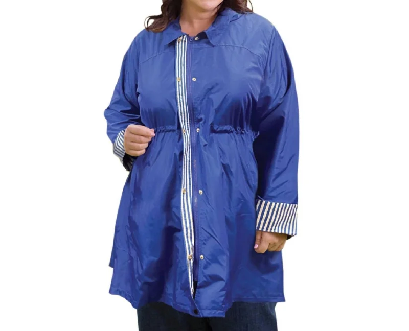 Women's Trendy Clothes Adjustable Cinch Waist Raincoat With Removable Hood - Plus Size In Royal Blue