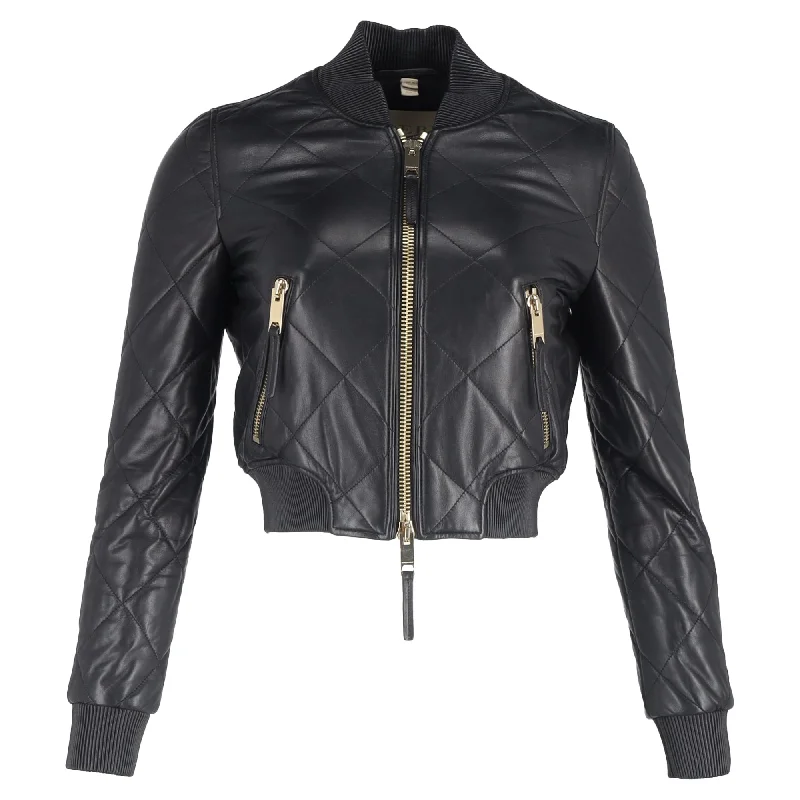 Women's Sporty Chic Clothes Burberry Brit Quilted Cropped Bomber Jacket in Black Lamb Leather