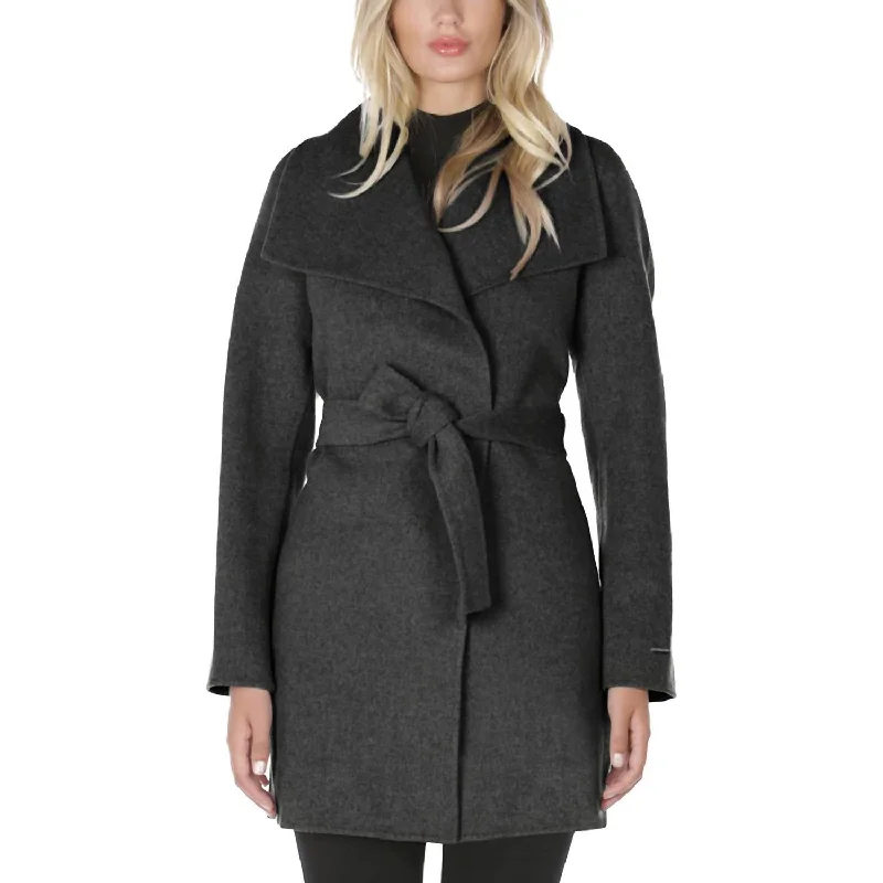 Luxury Women's Clothing Wool Wrap Coat With Tie Belt In Charcoal